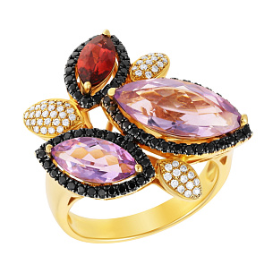 Кольцо из желтого золота с бриллиантами, аметистами и гранатом
