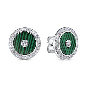Серьги Пусеты из серебра с фианитом и малахитом
