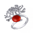 Кольцо из серебра с фианитом, кораллом